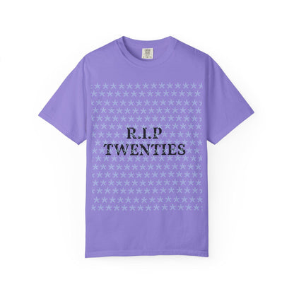 Unisex garment-dyed T-shirt, purple, with R.I.P TWENTIES front graphic.