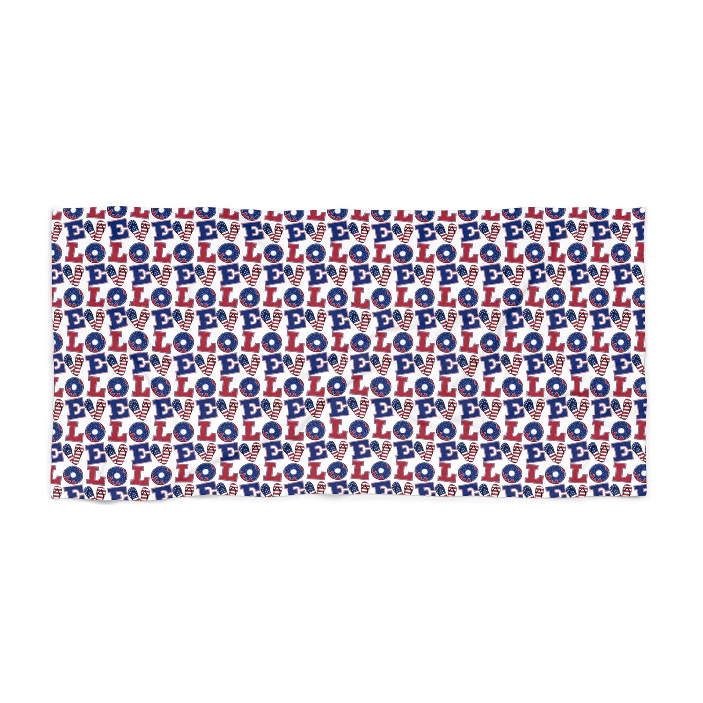 Beach towel with repeating blue and white LOL pattern, red accents, rectangular folded