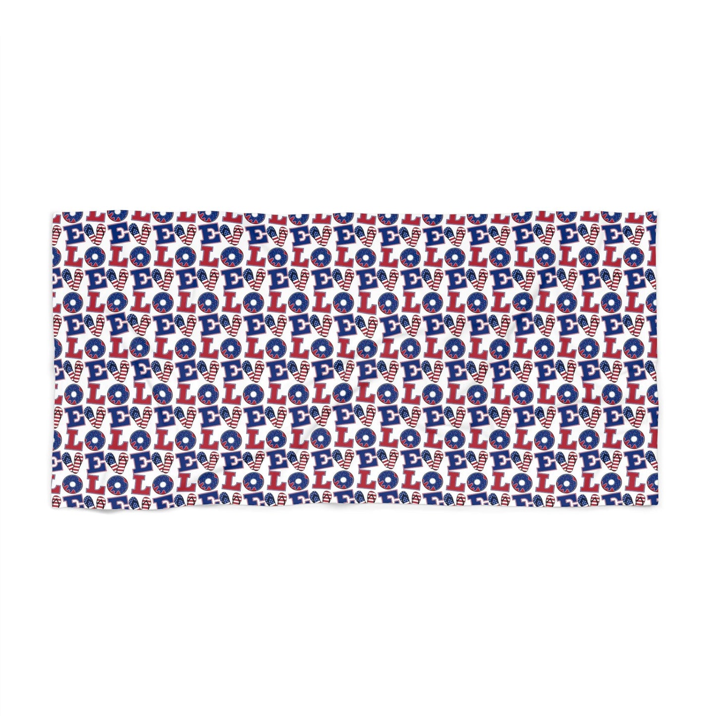 Beach towel with repeating blue, white, and red LOL pattern, visible stitched edging