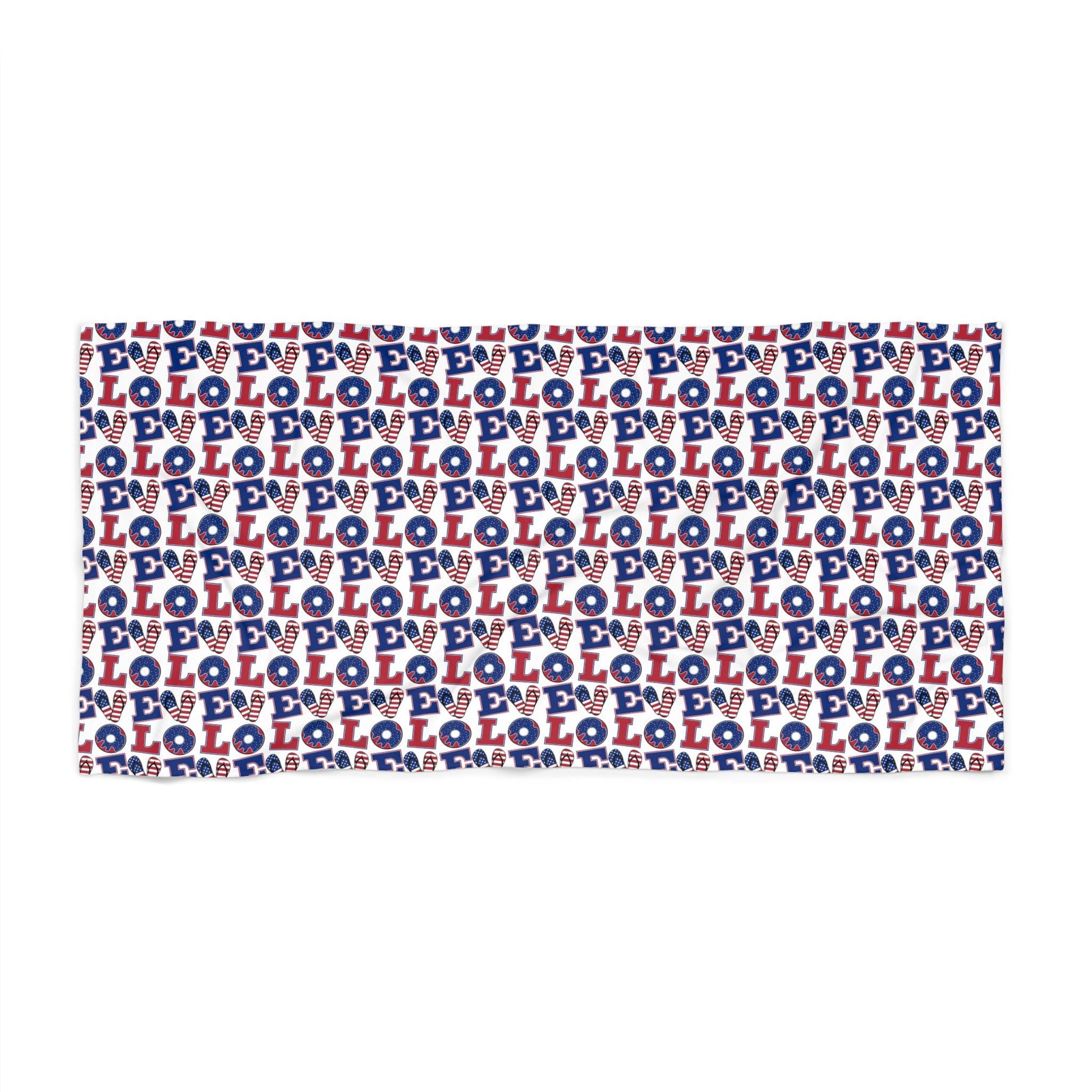 Beach towel with repeating blue, white, and red LOL pattern, visible stitched edging