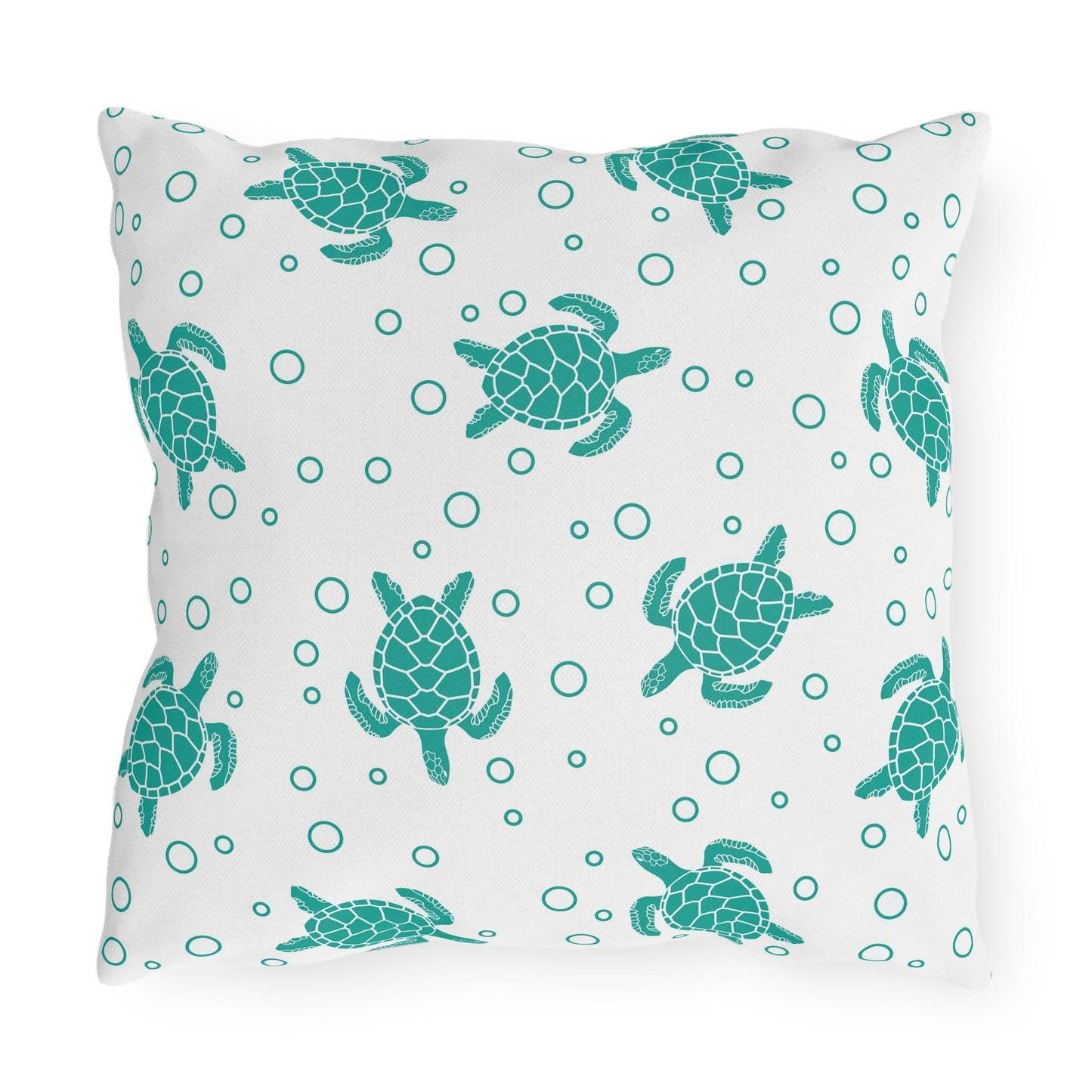 Sea turtle outdoor pillow, teal turtles over circular bubble dots on light background
