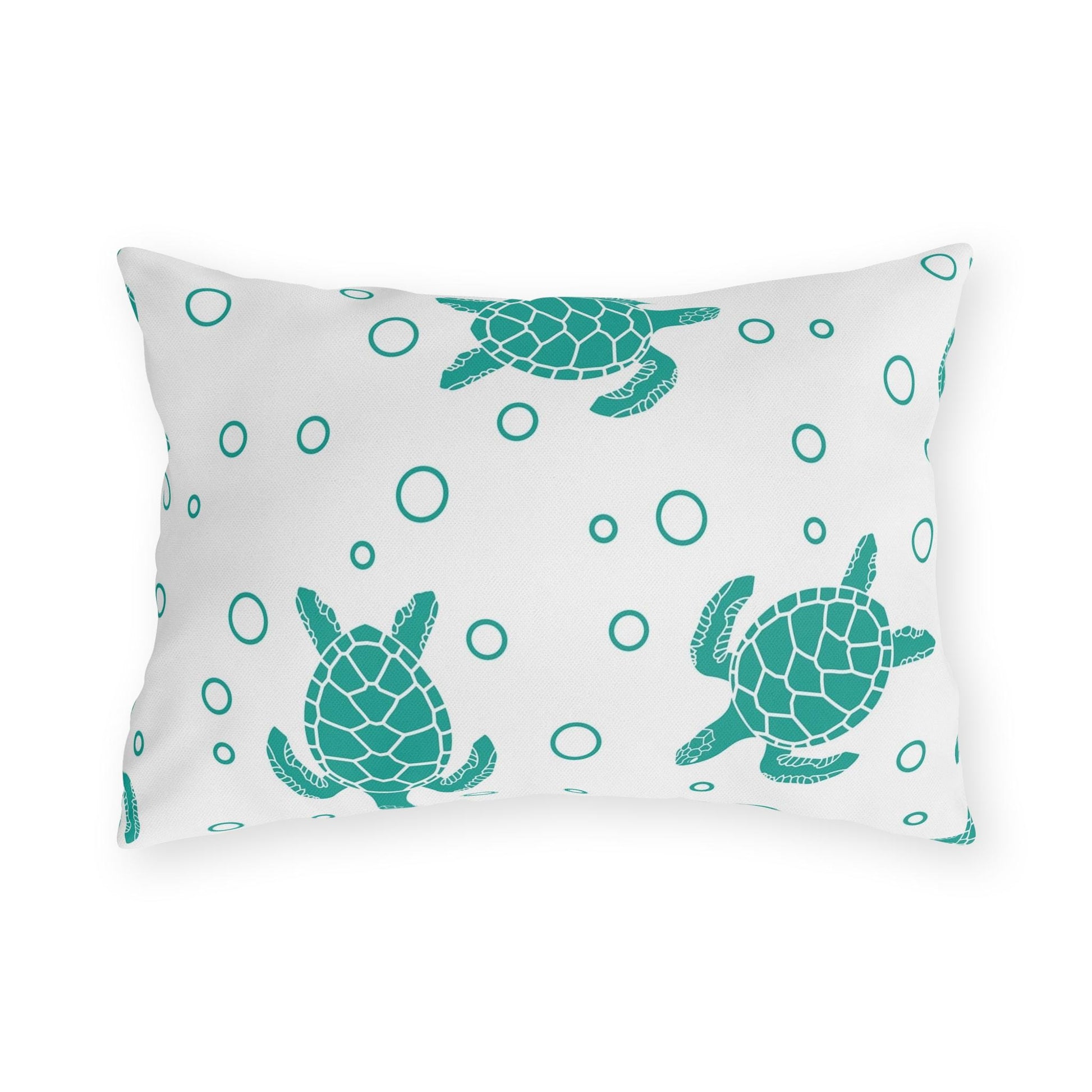 Sea turtle outdoor pillow with large teal turtle print and bubble dots on light fabric