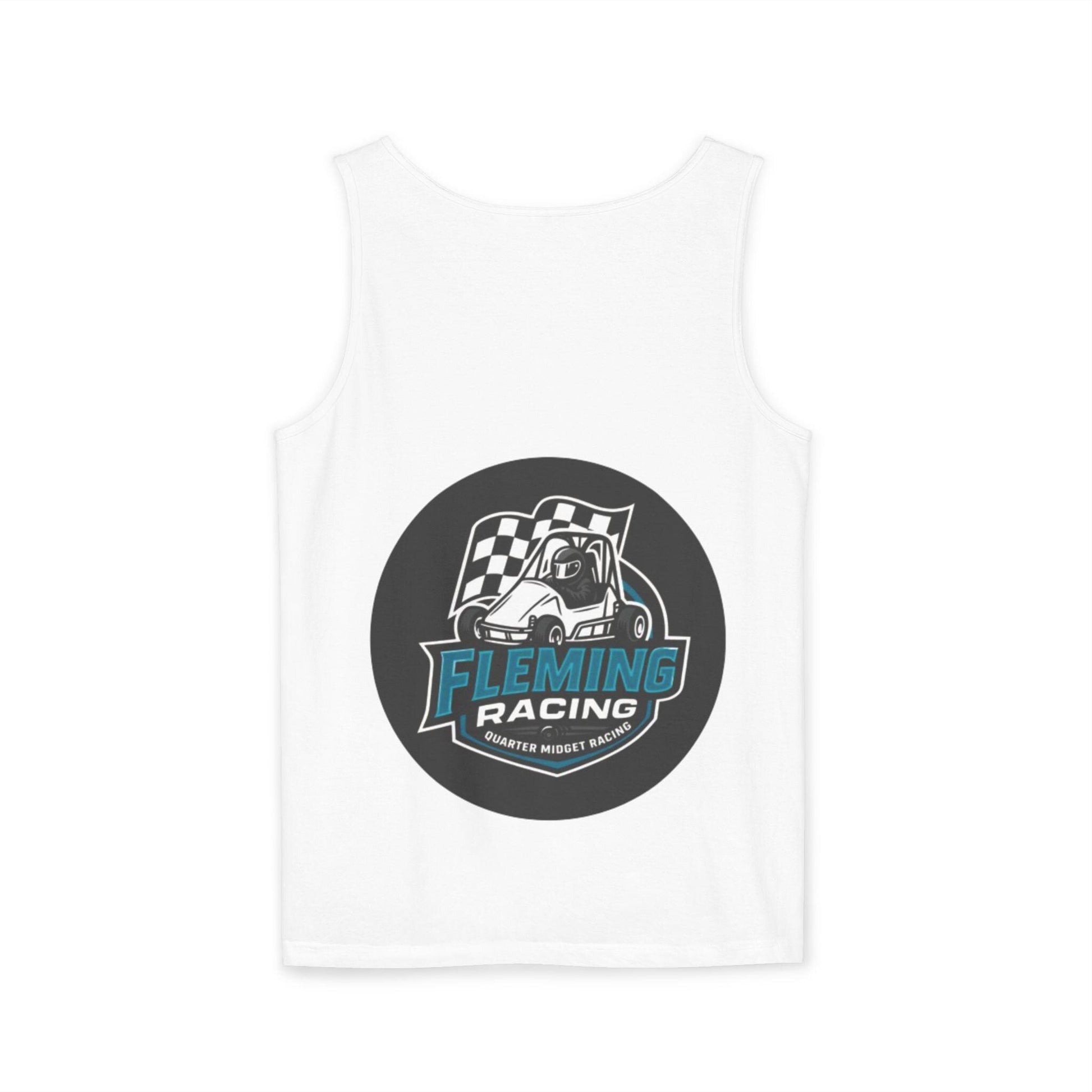 White racing tank top with circular car emblem logo graphic centered on chest.