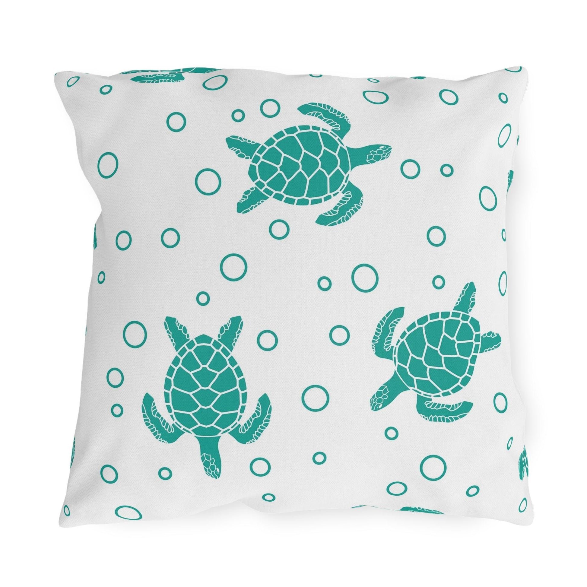 Sea turtle outdoor pillow with teal sea turtles and ring bubbles on light background