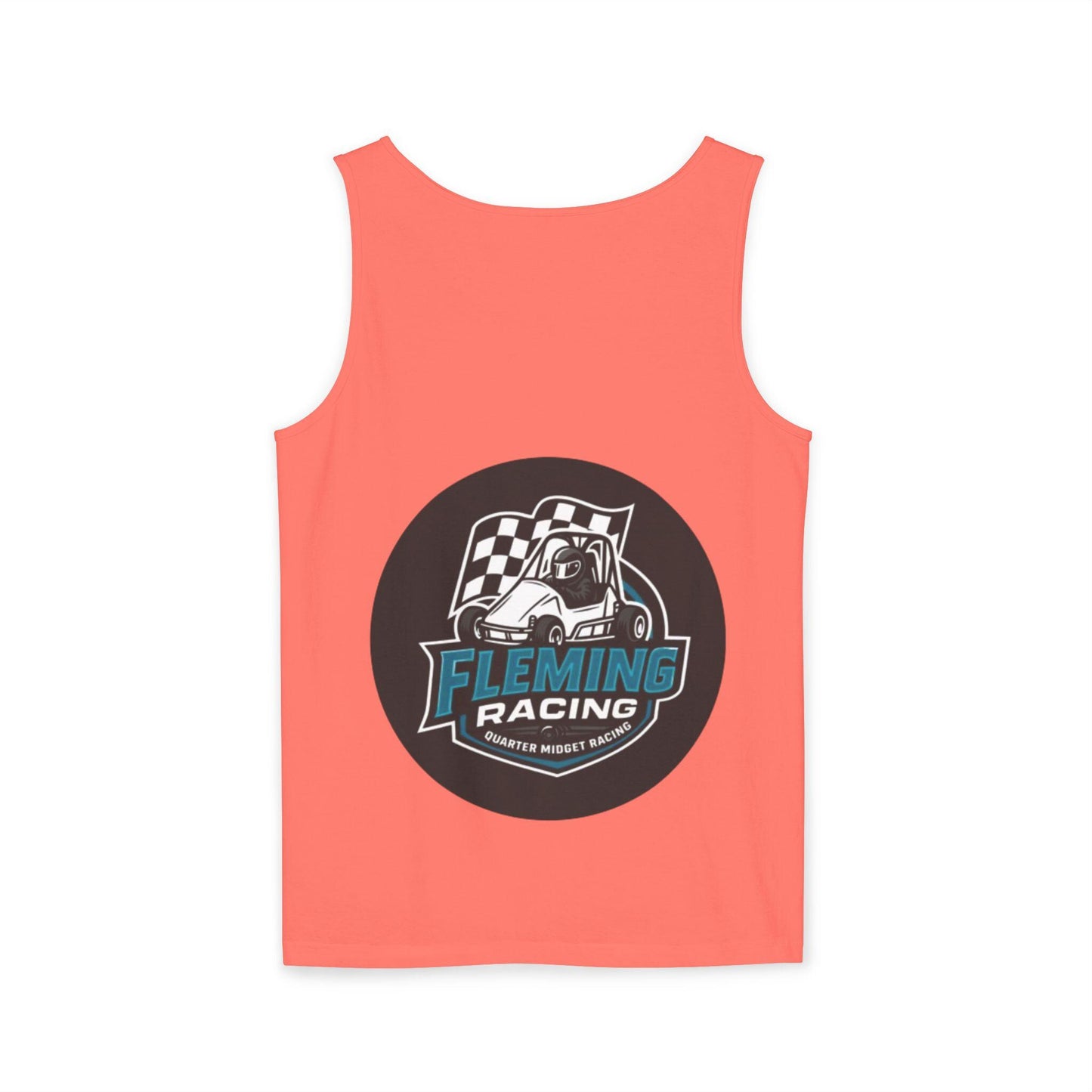 Coral racing tank top with centered circular car logo graphic and checker flag.
