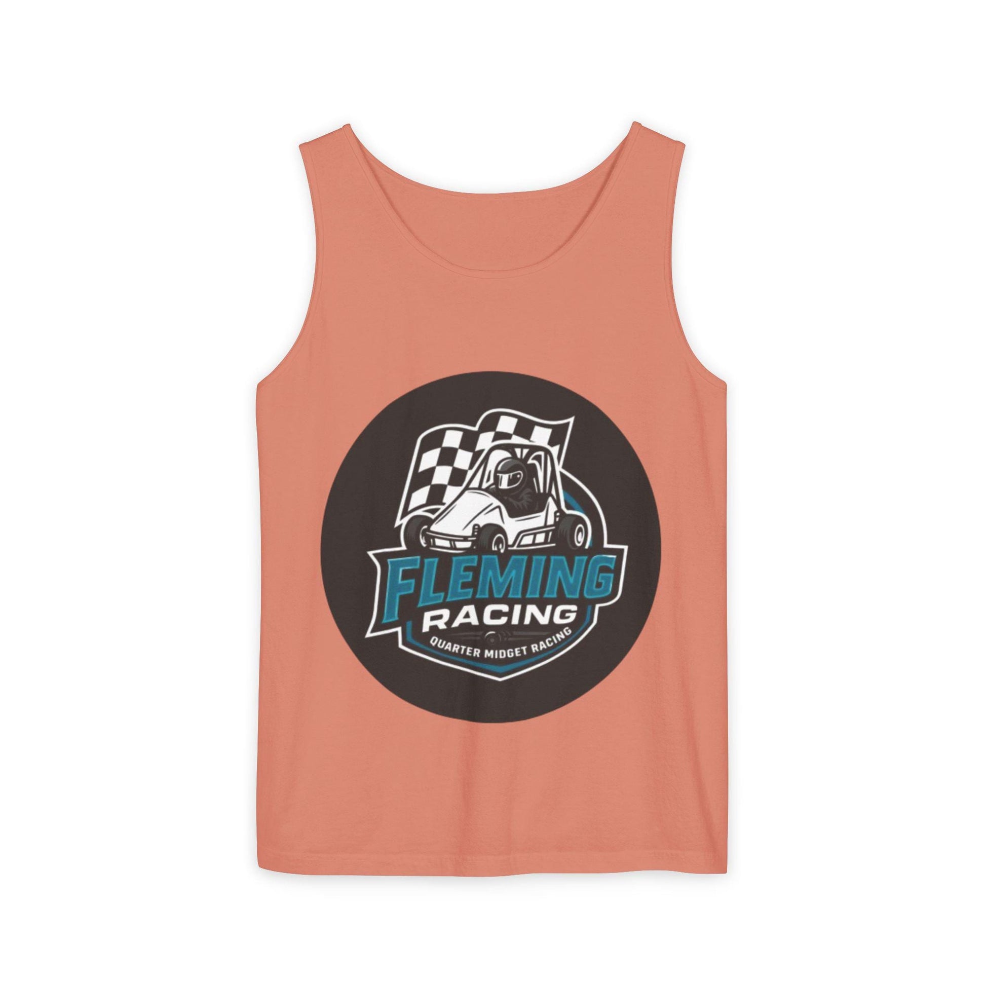 Salmon pink racing tank top with circular car logo graphic on chest.