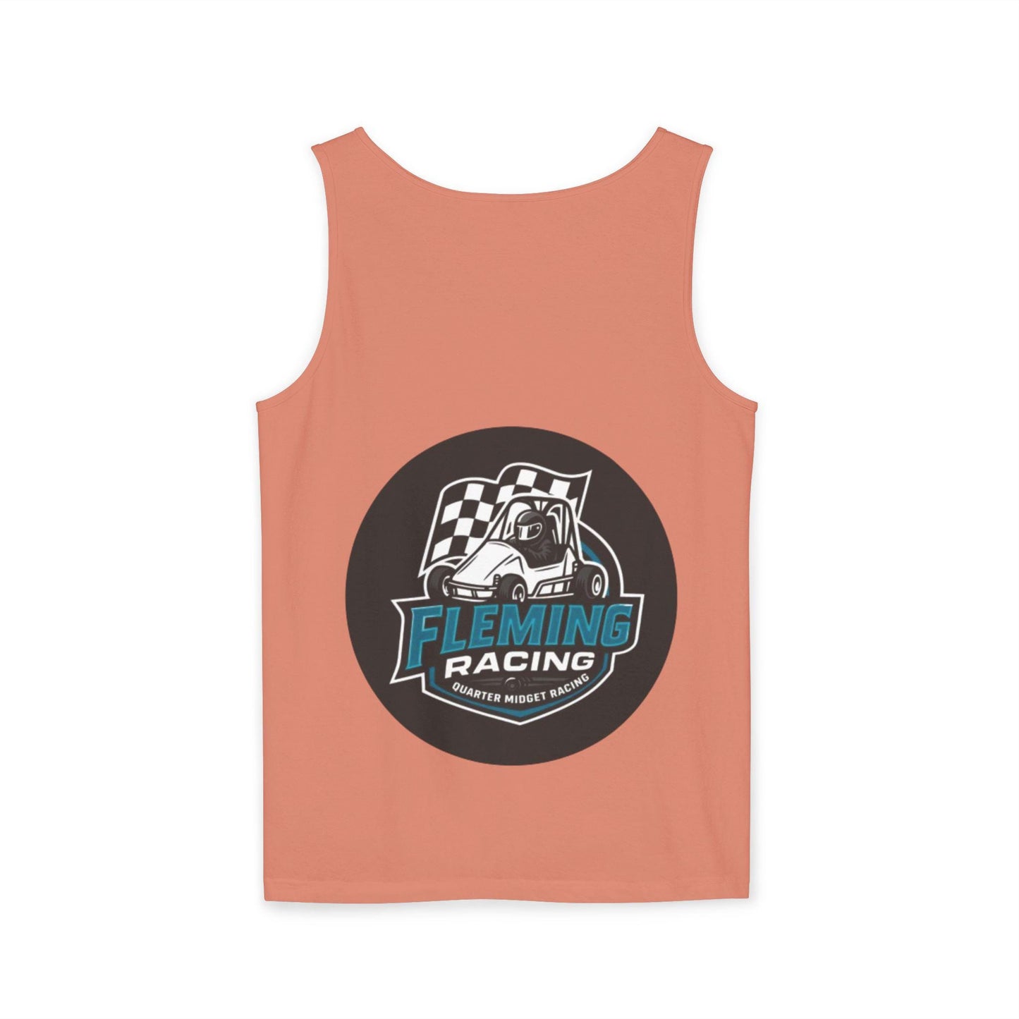 Salmon pink racing tank top with centered circular car logo graphic.
