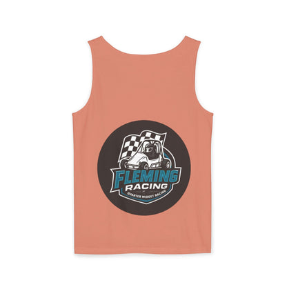 Salmon pink racing tank top with centered circular car logo graphic.