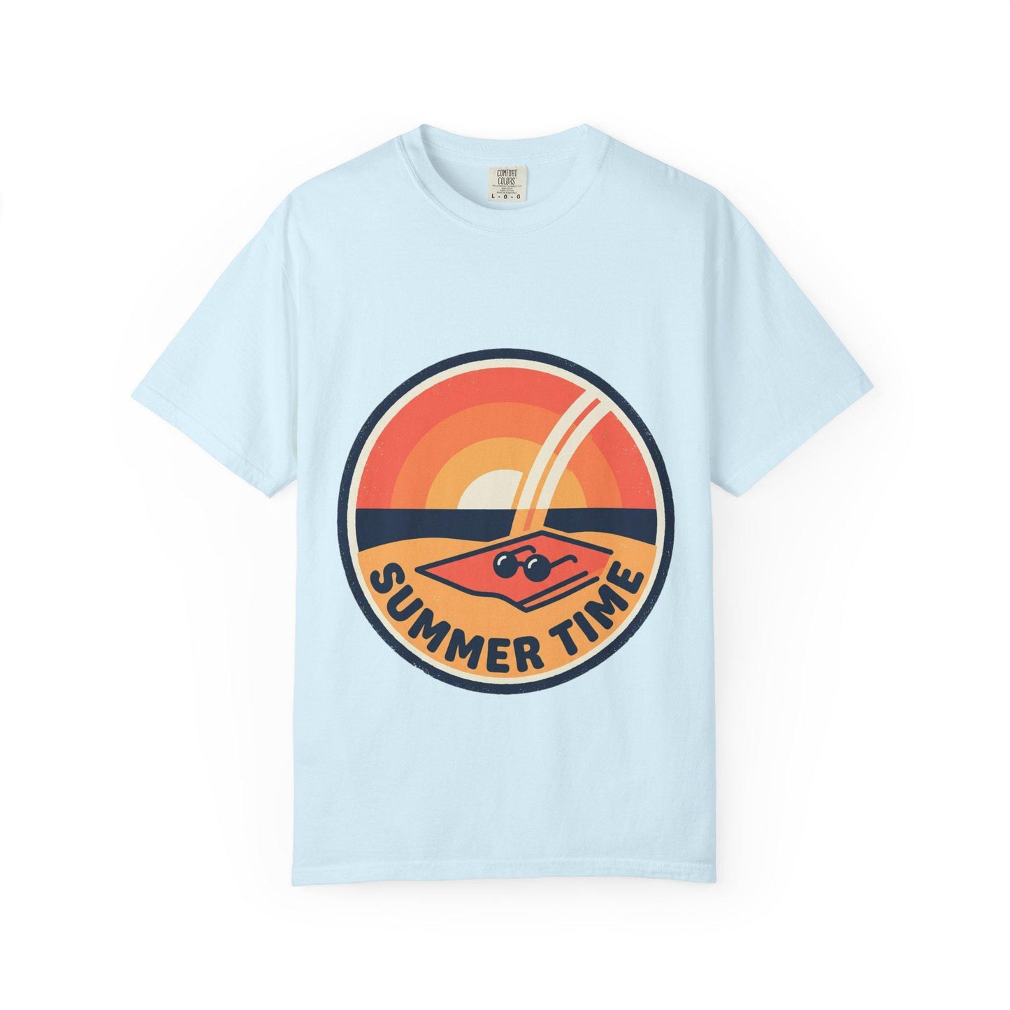 Light blue t-shirt with round retro surf graphic and “SUMMER TIME” text