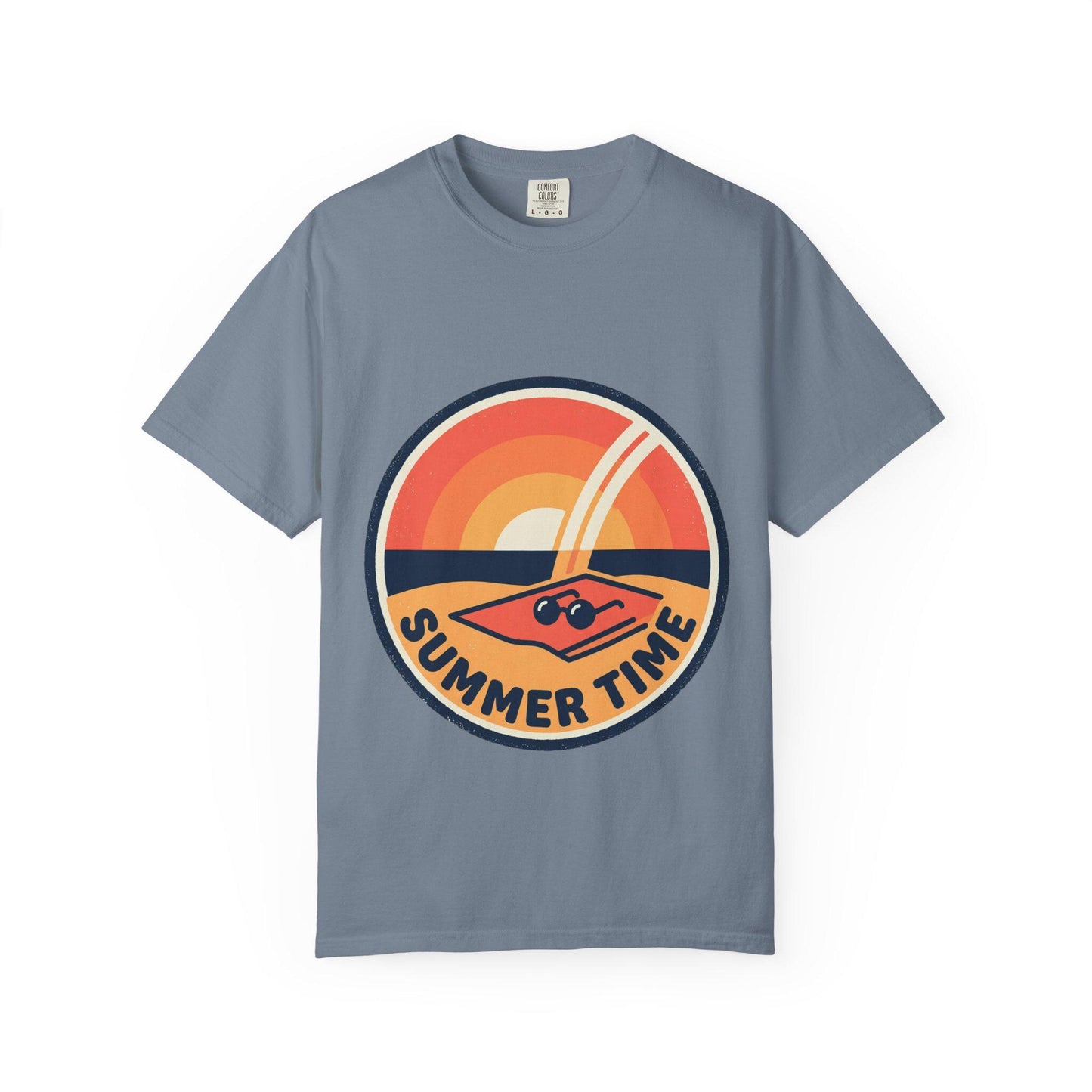 Steel blue t-shirt with round retro surf graphic and “SUMMER TIME” text