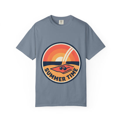 Steel blue t-shirt with round retro surf graphic and “SUMMER TIME” text