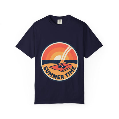 Navy t-shirt with round retro surf graphic and “SUMMER TIME” text