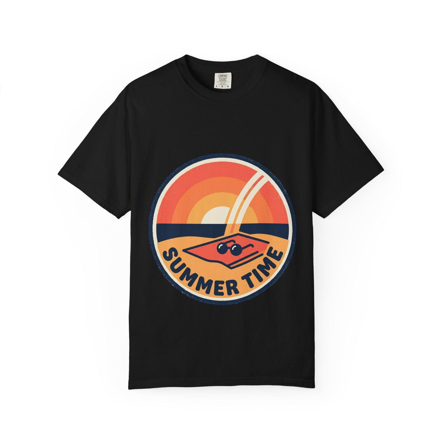 Black T-shirt with circular retro sunset "Summer Time" graphic