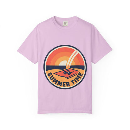Pastel purple T-shirt with circular retro sunset "Summer Time" graphic