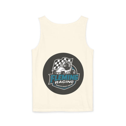 Racing tank top in light cream with circular car logo graphic centered on front
