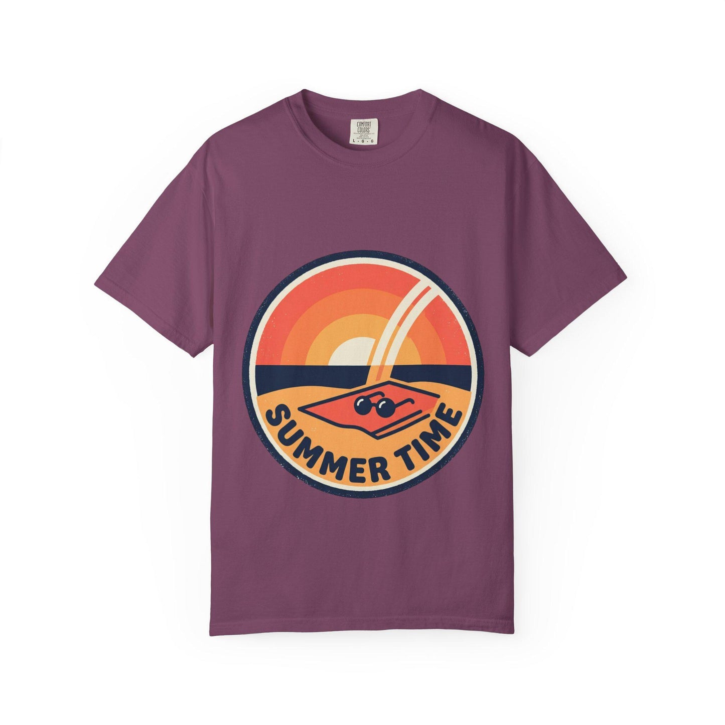 Maroon T-shirt with circular retro sunset "Summer Time" graphic