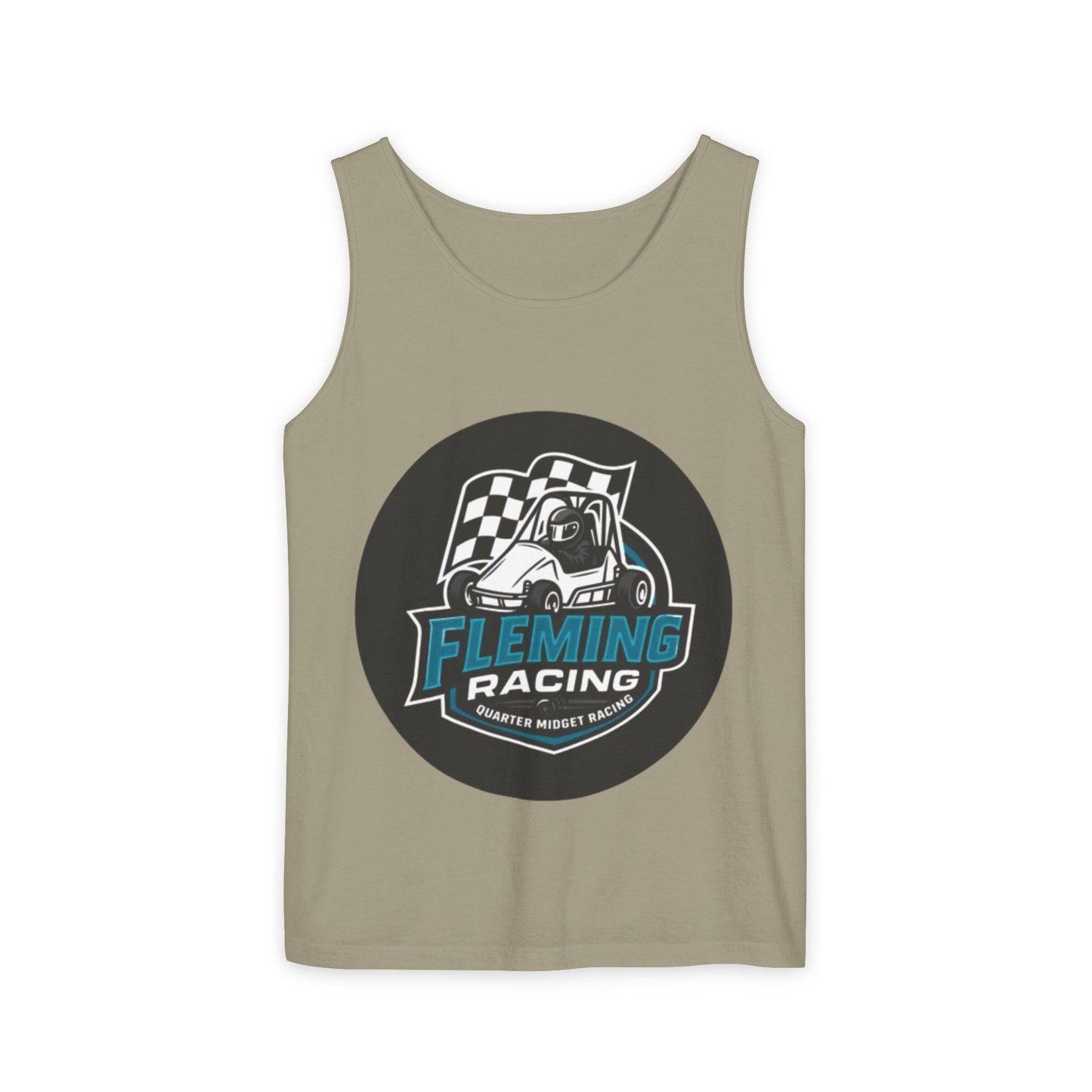 Racing tank top in olive gray with large circular car logo graphic on front