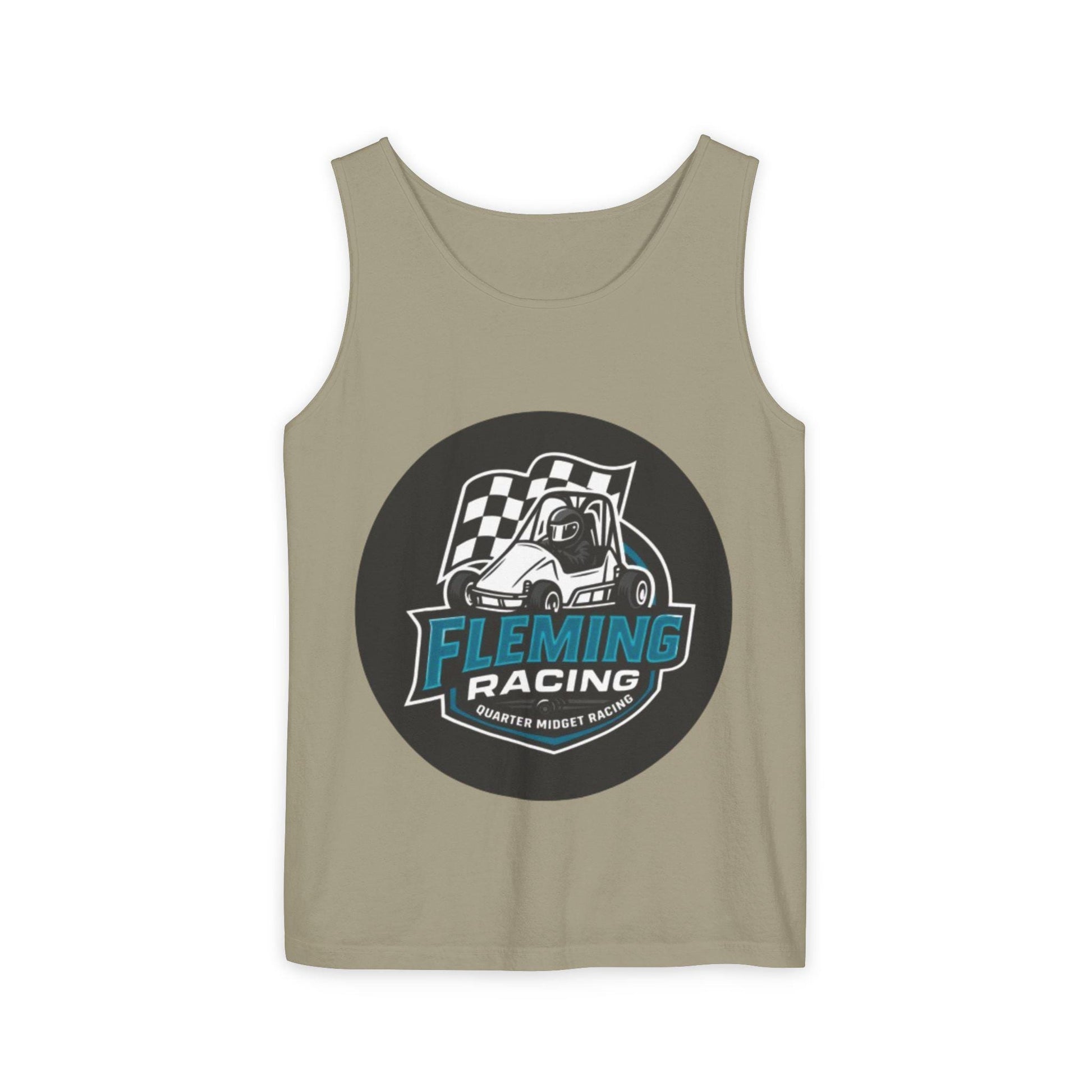 Racing tank top in olive gray with large circular car logo graphic on front