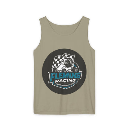 Racing tank top in olive gray with large circular car logo graphic on front
