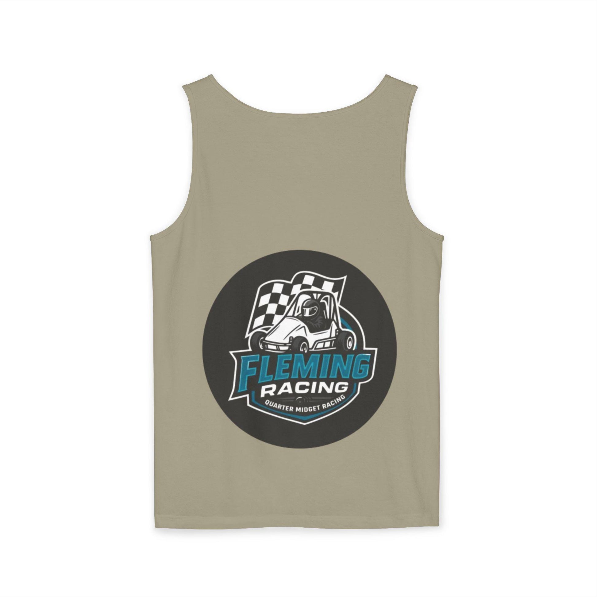 Racing tank top in olive gray with centered circular car logo graphic on front