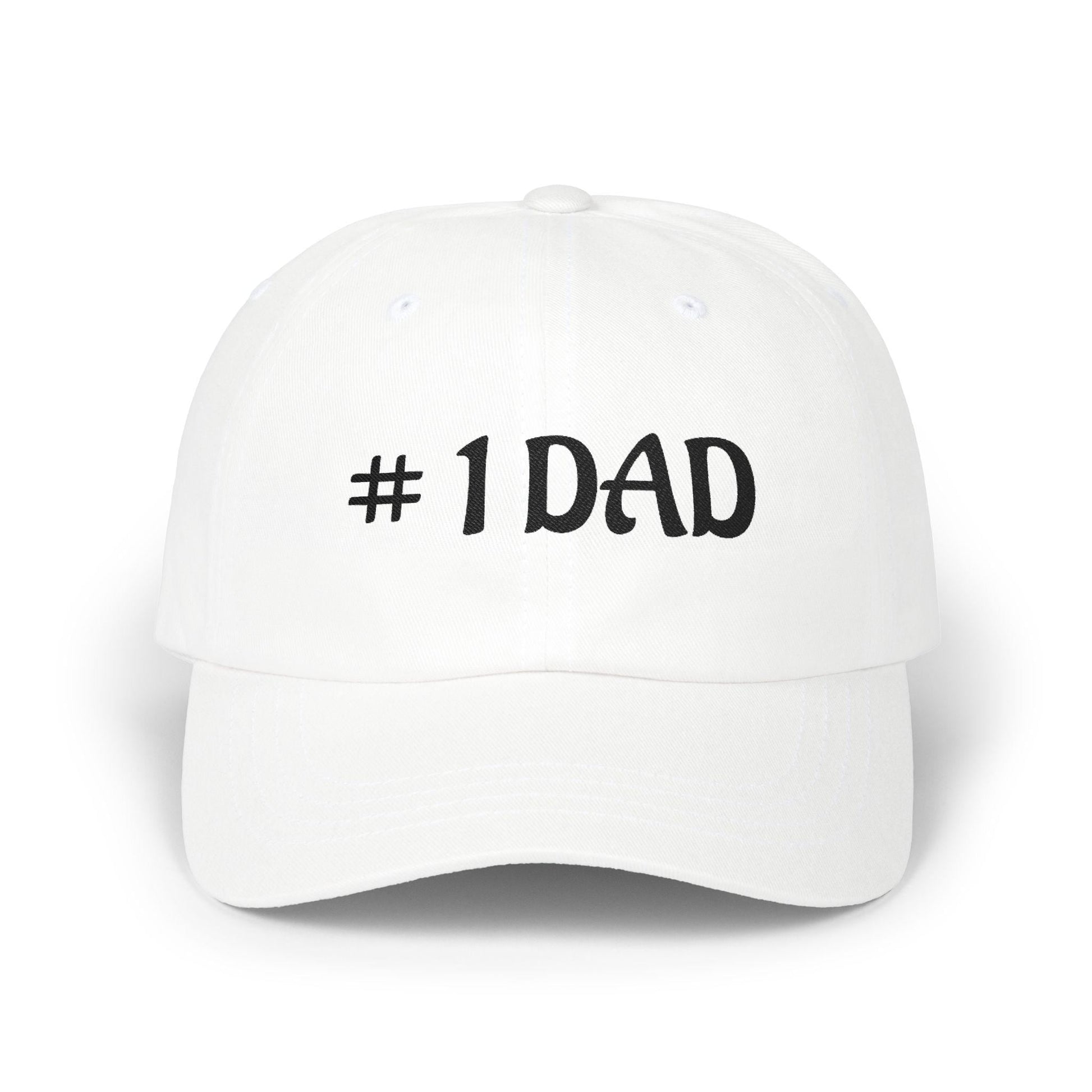 White dad cap with embroidered #1 DAD text on the front panel.