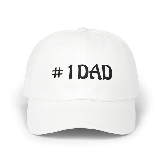 White dad cap with embroidered #1 DAD text on the front panel.