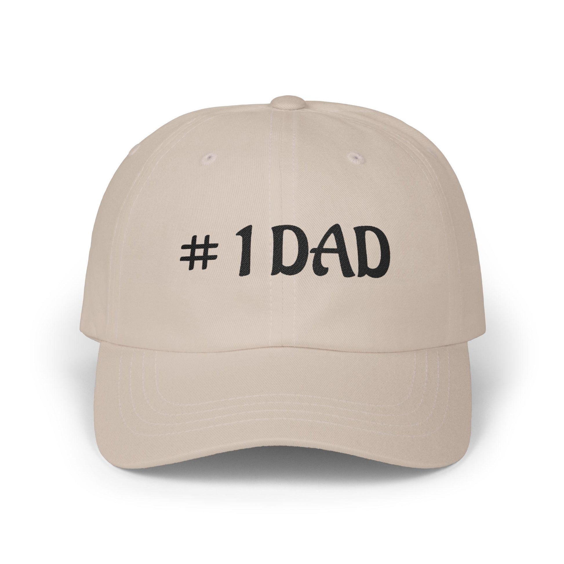 Stone tan dad cap with embroidered #1 DAD text on the front panel.