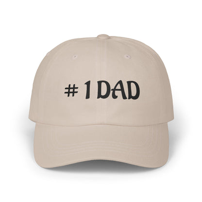 Stone tan dad cap with embroidered #1 DAD text on the front panel.