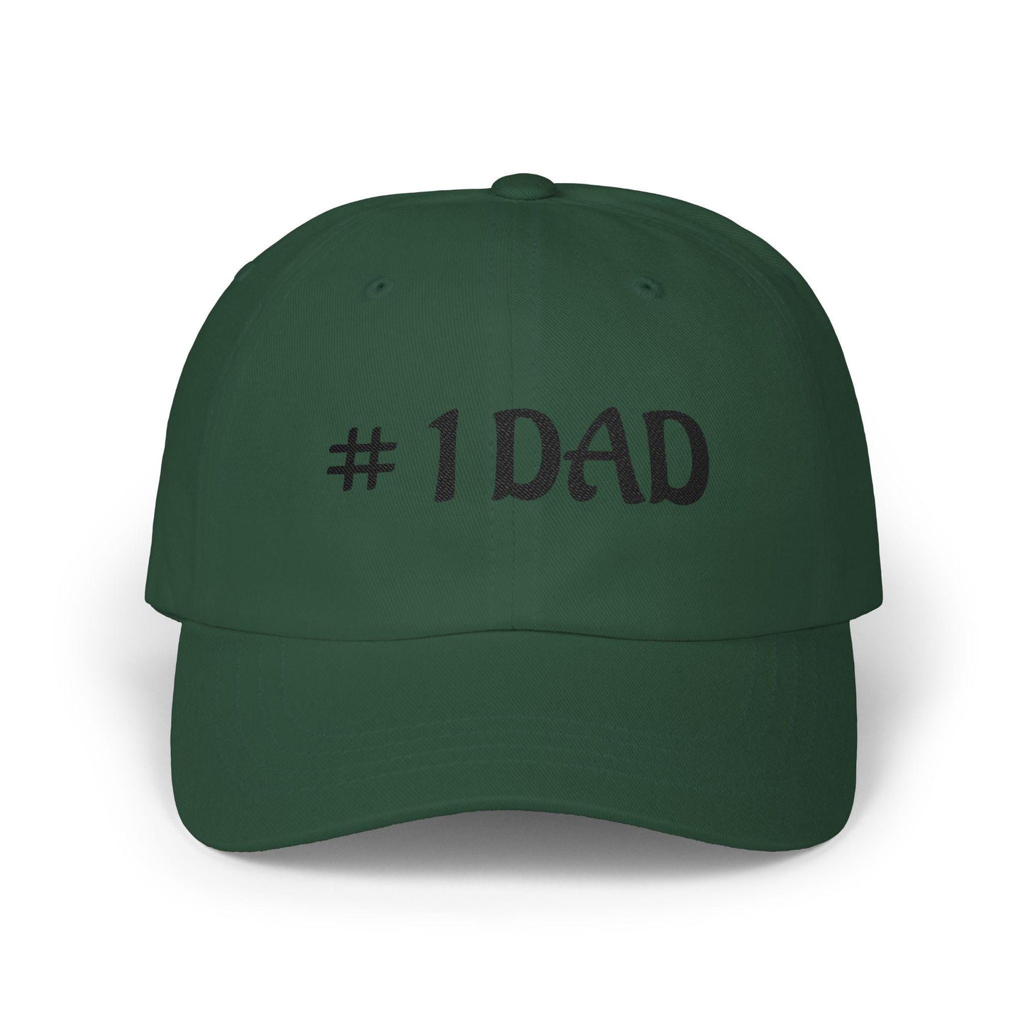 Spruce green dad cap with embroidered #1 DAD text on the front panel.