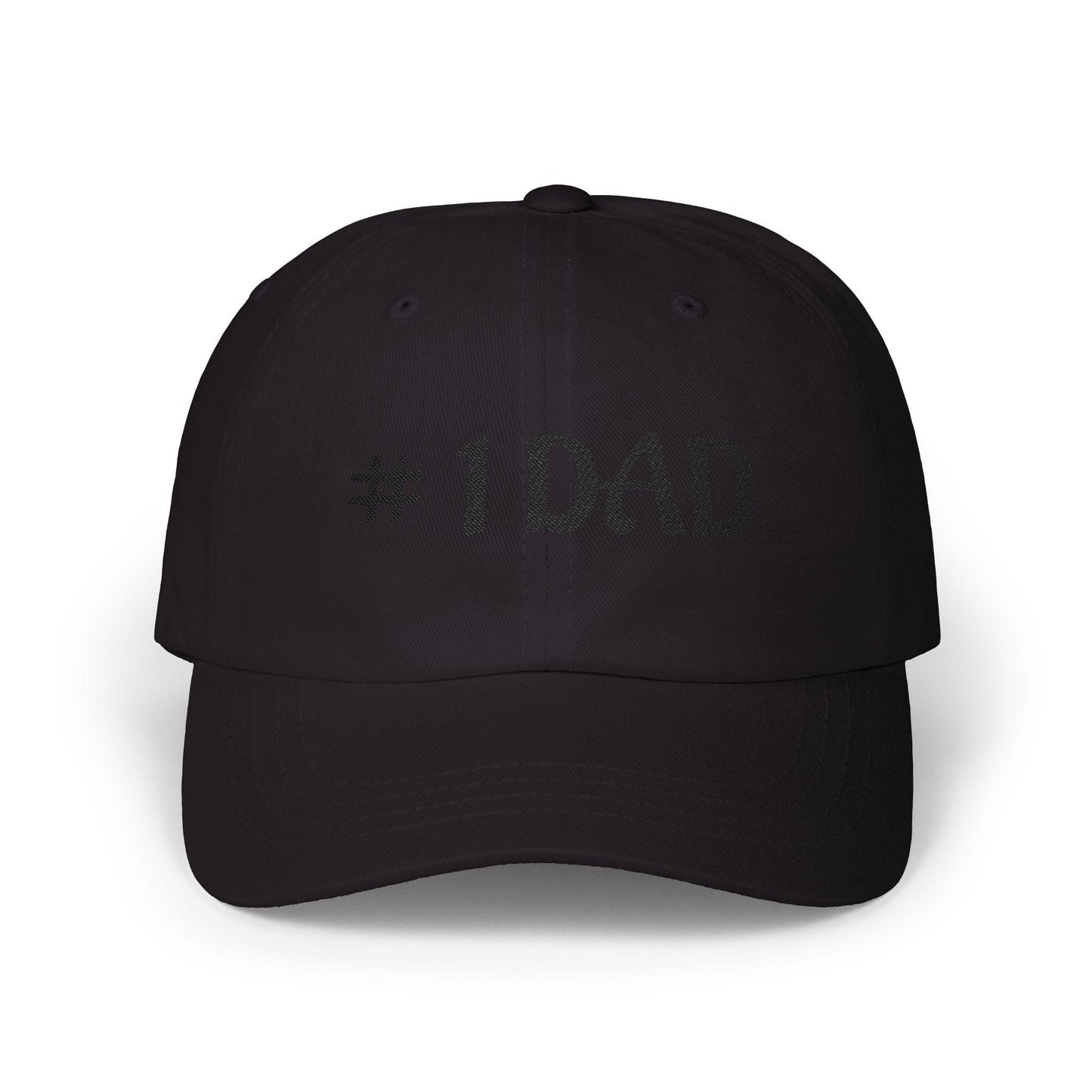 Black dad cap with embroidered #1 DAD text on the front panel.