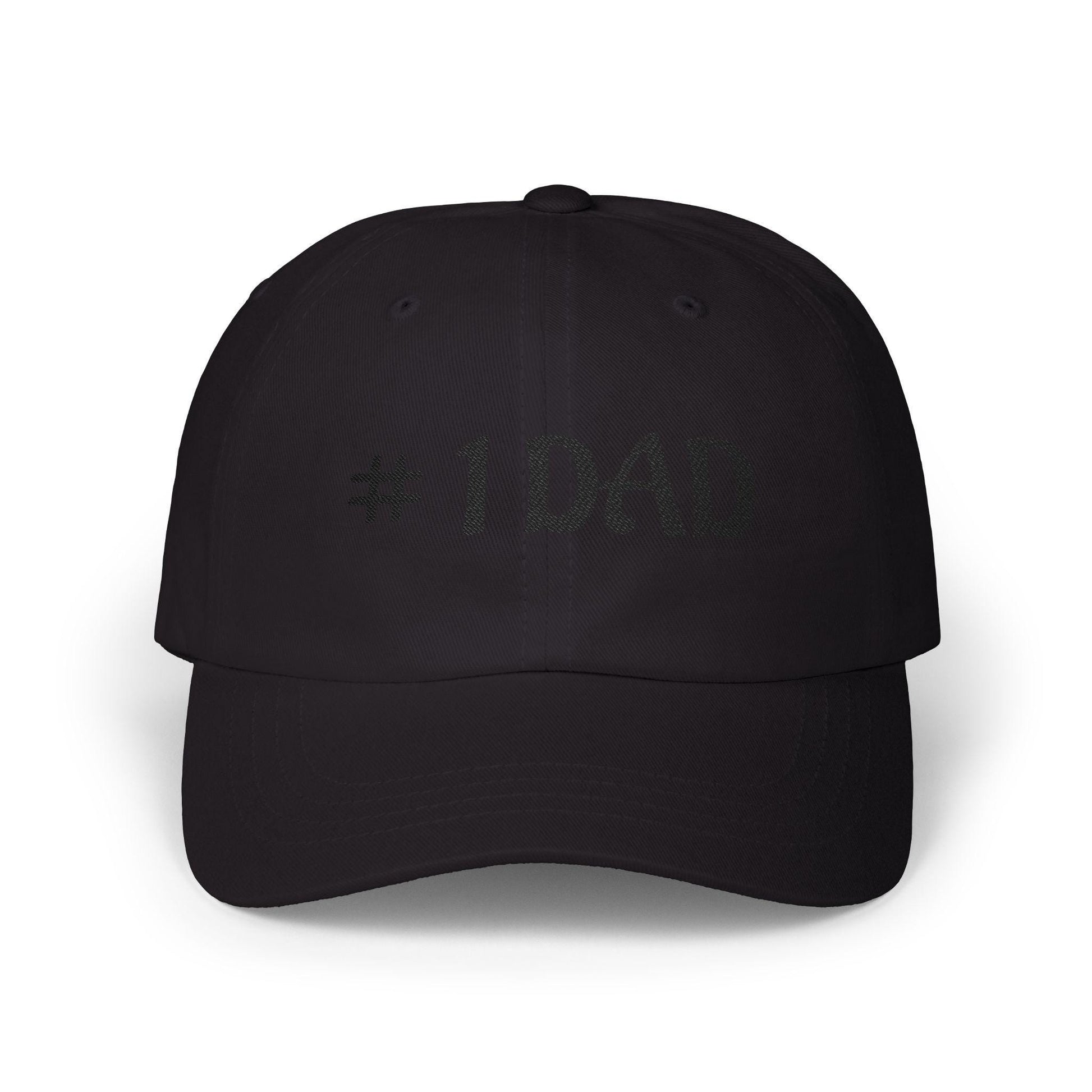 Black dad cap with embroidered #1 DAD text on the front panel.