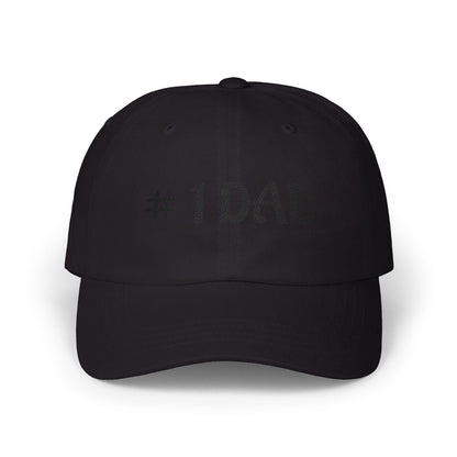 Black dad cap with embroidered #1 DAD text on the front panel.