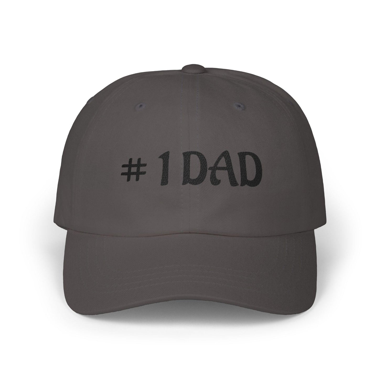Dark gray dad cap with embroidered #1 DAD text on the front panel.