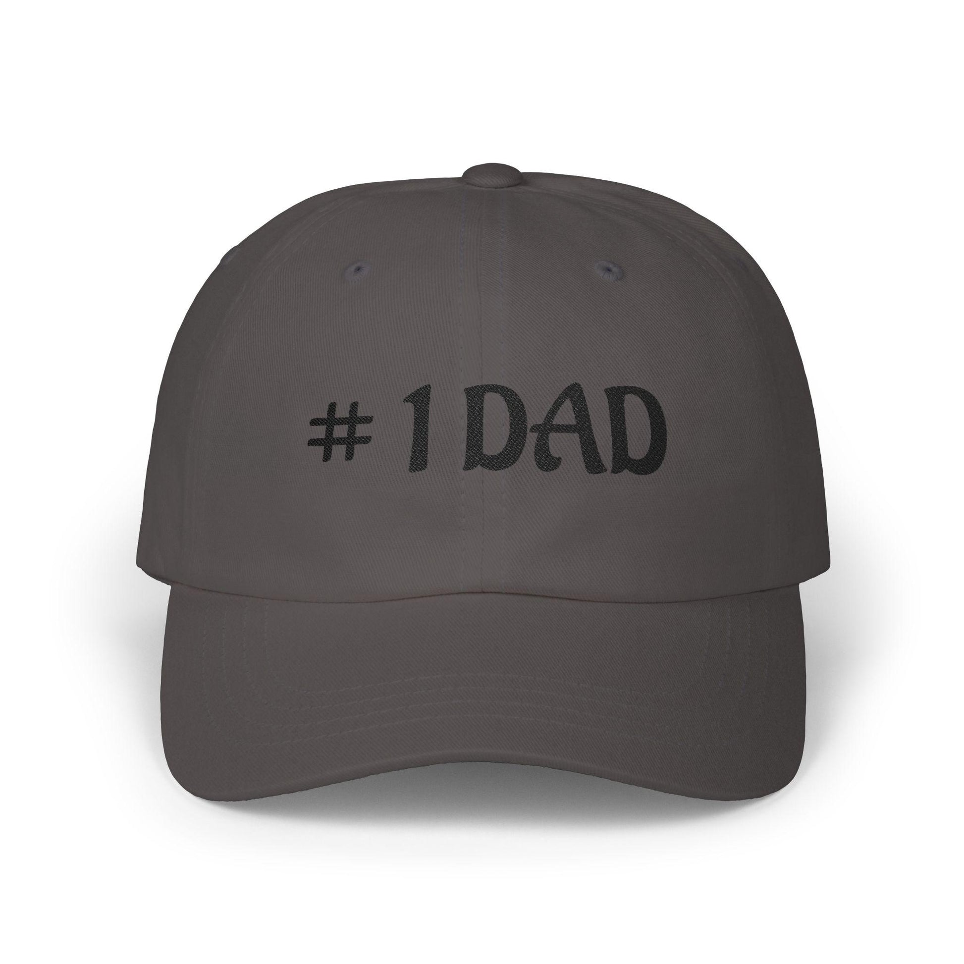 Dark gray dad cap with embroidered #1 DAD text on the front panel.
