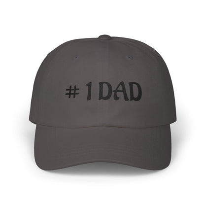 Dark gray dad cap with embroidered #1 DAD text on the front panel.