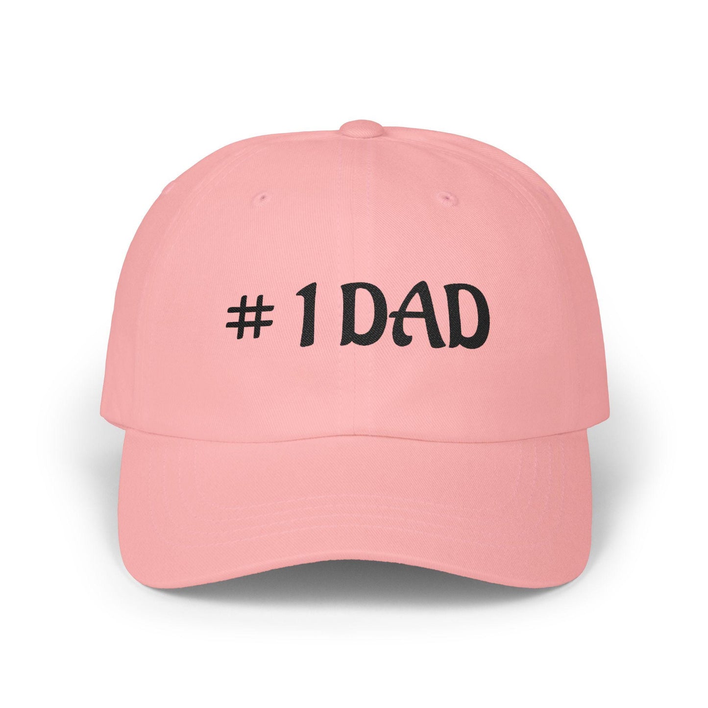 Pink dad cap with embroidered #1 DAD text on the front panel.
