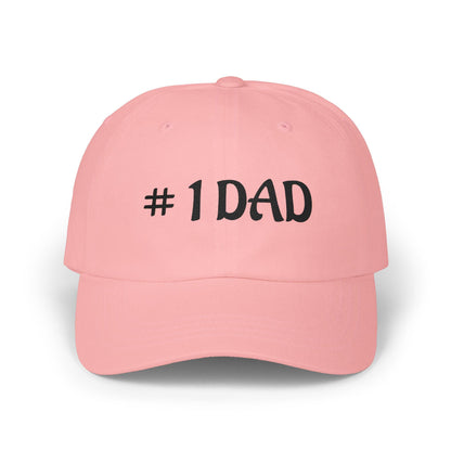Pink dad cap with embroidered #1 DAD text on the front panel.