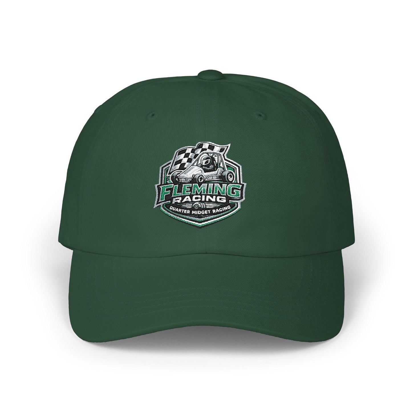 Fleming Racing soccer crest dad cap, deep green with embroidered logo at front