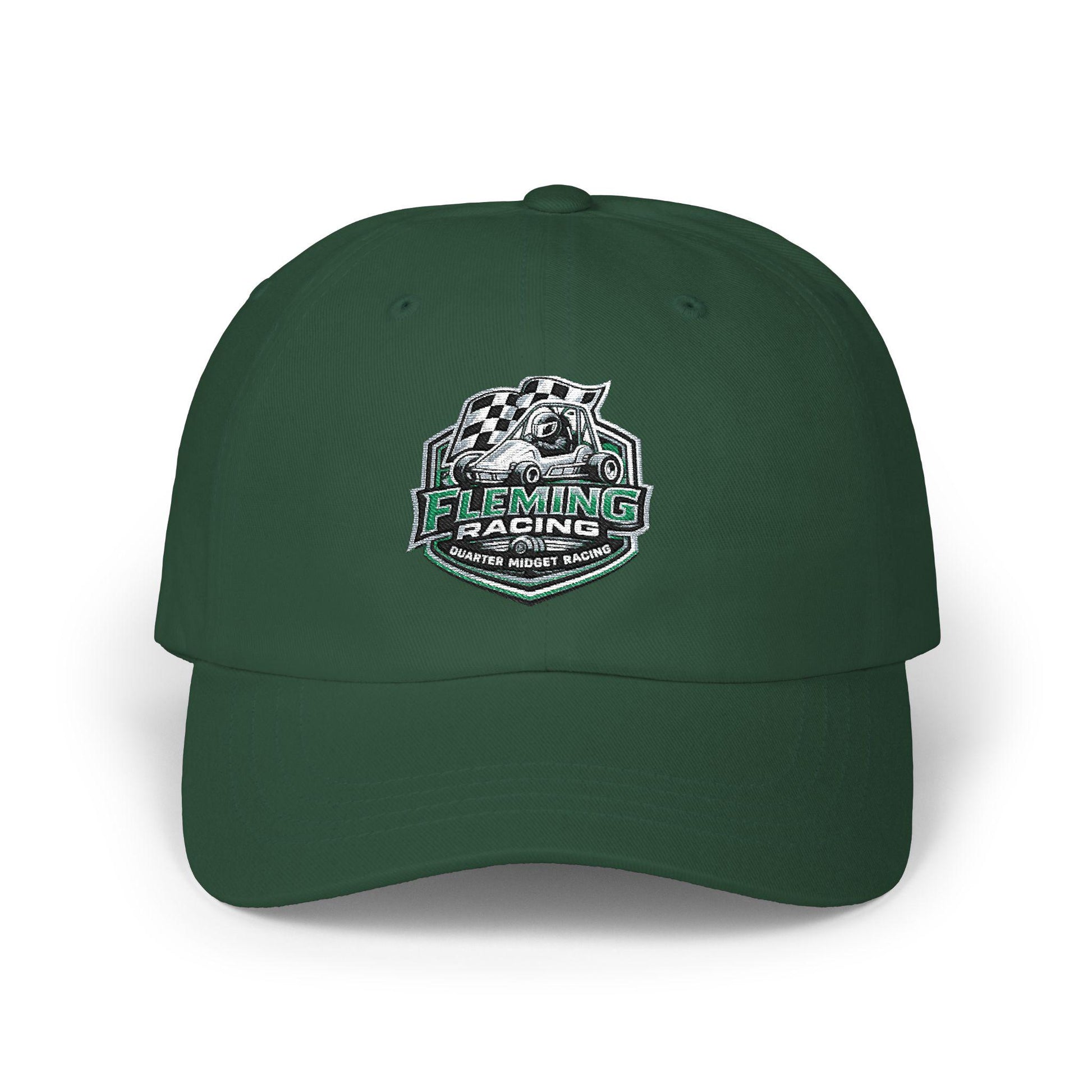 Fleming Racing soccer crest dad cap, deep green with embroidered logo at front