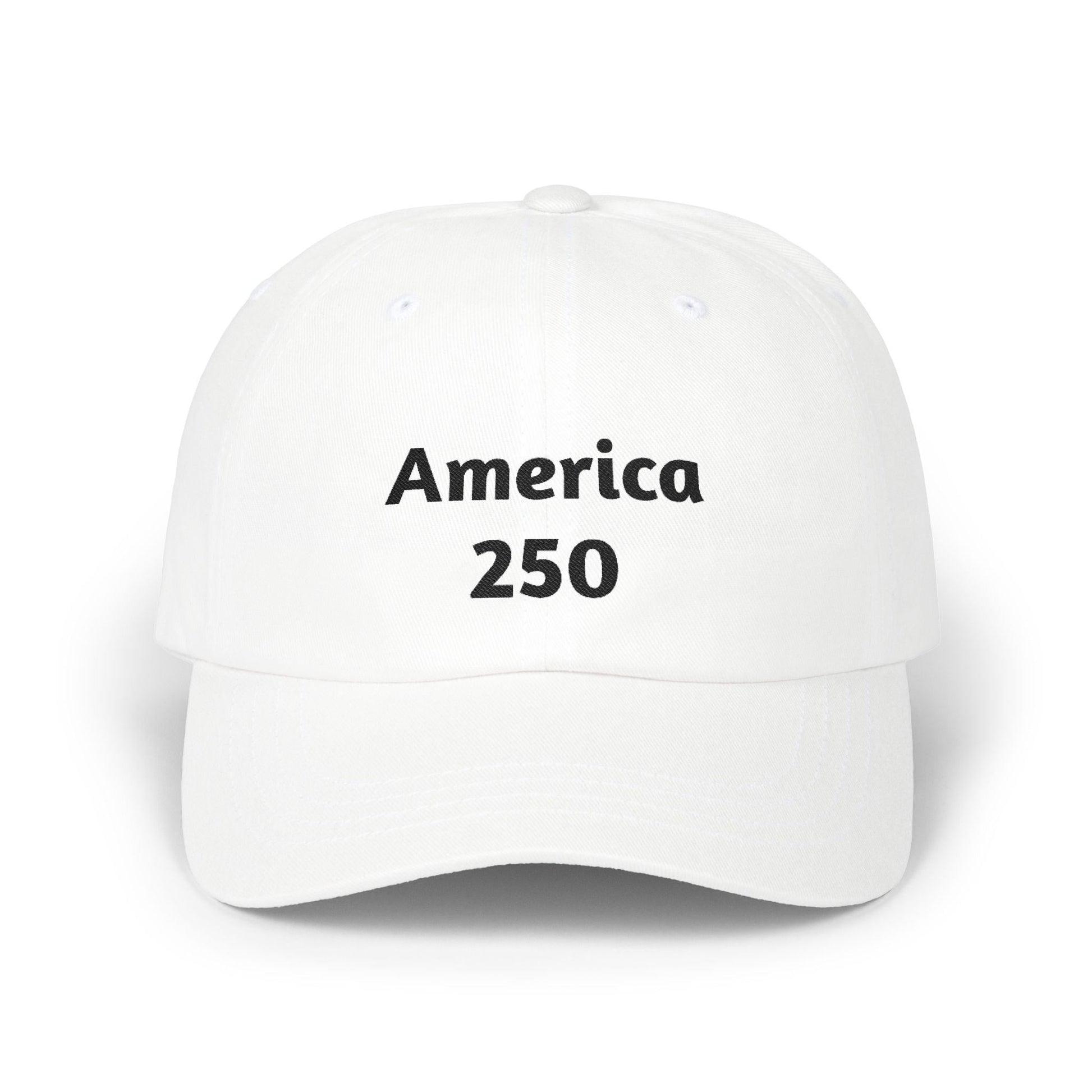 White America 250 dad cap with front logo text