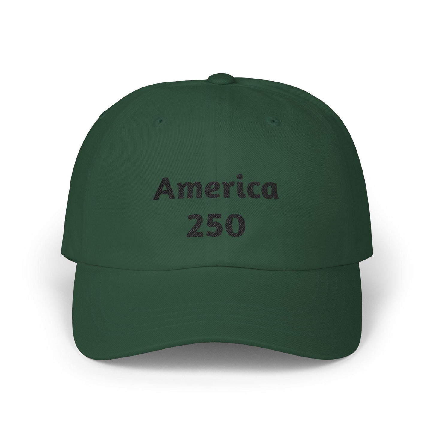 Dark green America 250 dad cap with front logo text