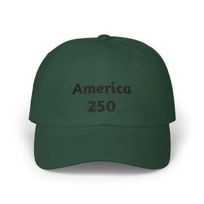 Dark green America 250 dad cap with front logo text