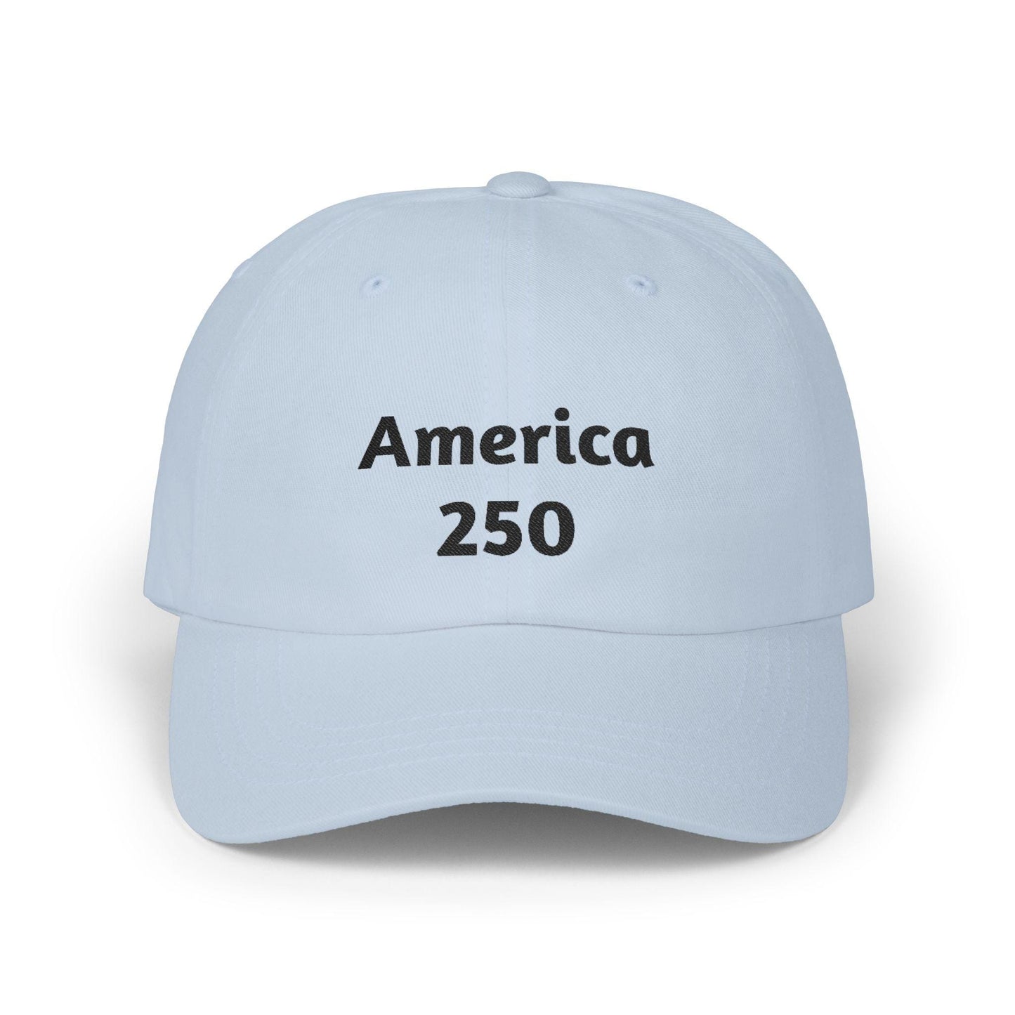 Light blue America 250 dad cap with front logo text
