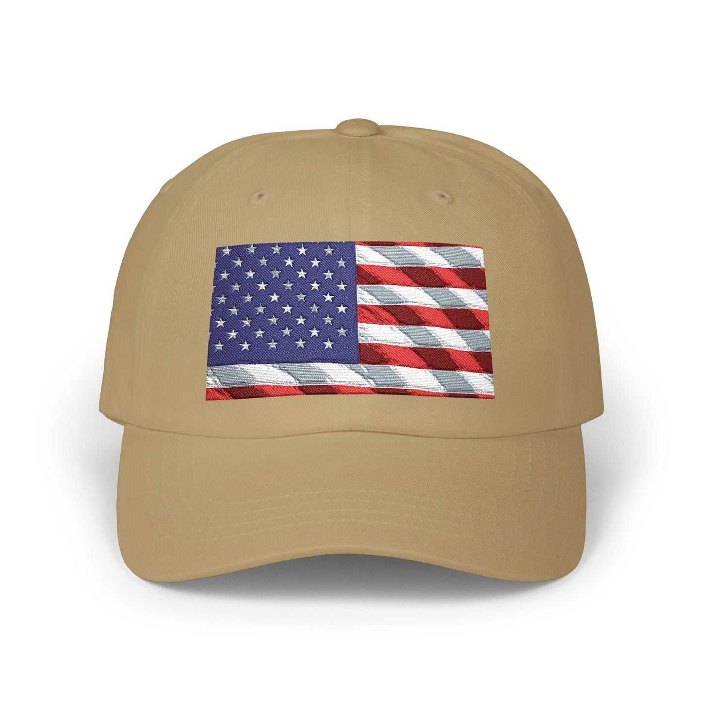 Tan distressed American flag baseball cap with embroidered front patch