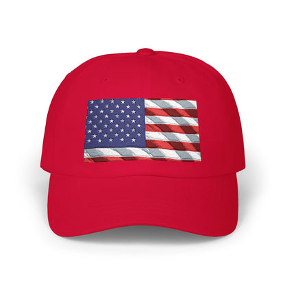 Red dad cap with embroidered American flag patch at front