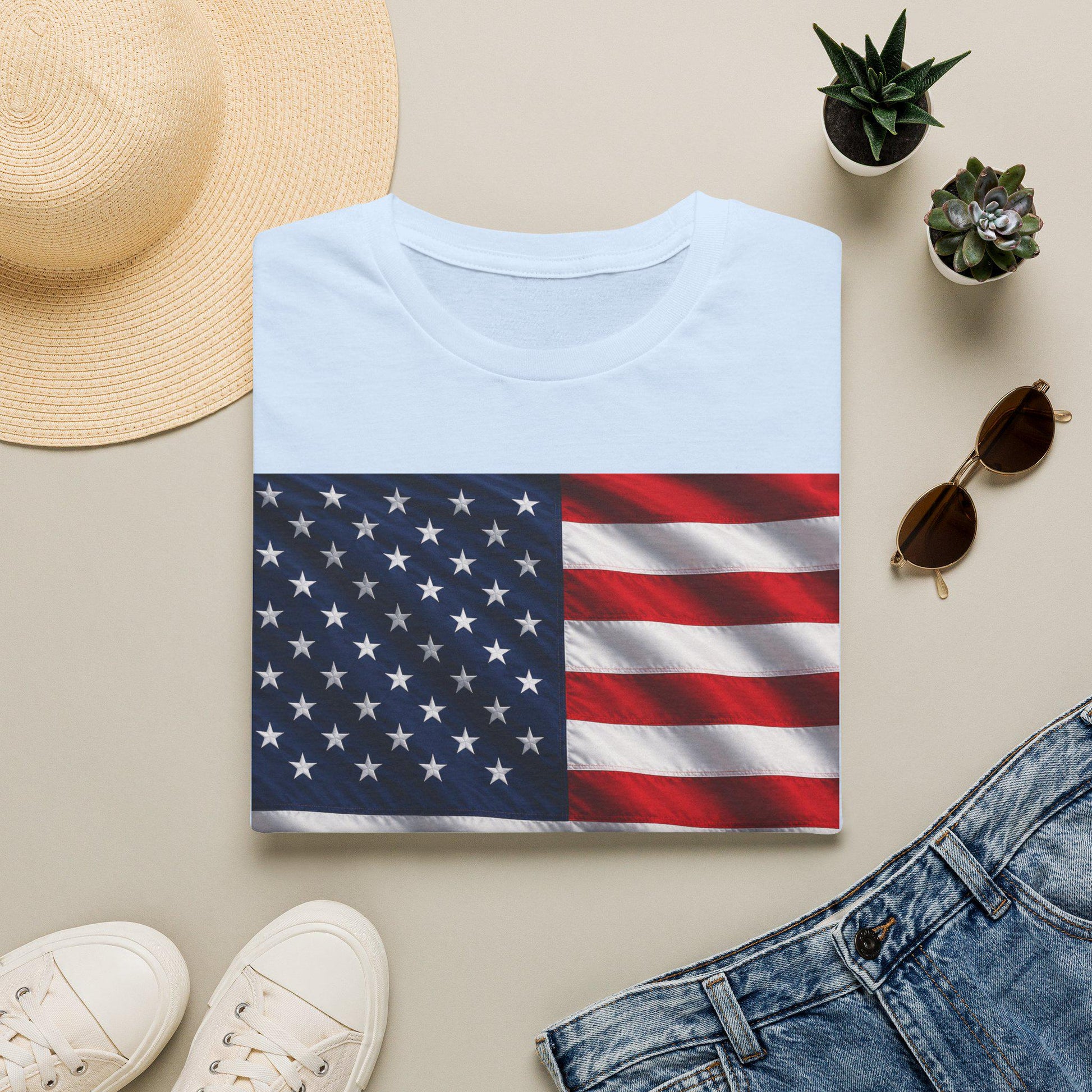 US flag graphic T-shirt in light blue, stars and red-and-white stripes on front