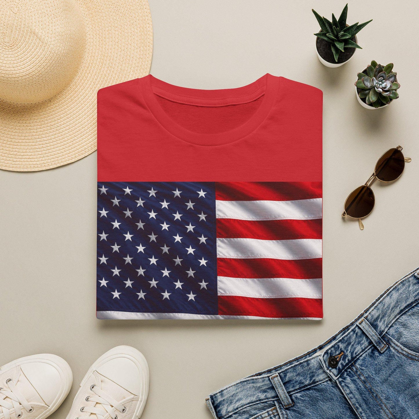 Red graphic T-shirt with American flag front print