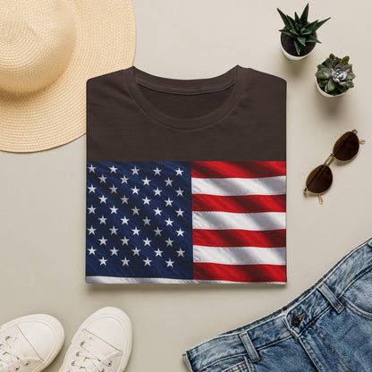 Dark brown T-shirt with American flag stars and stripes square graphic