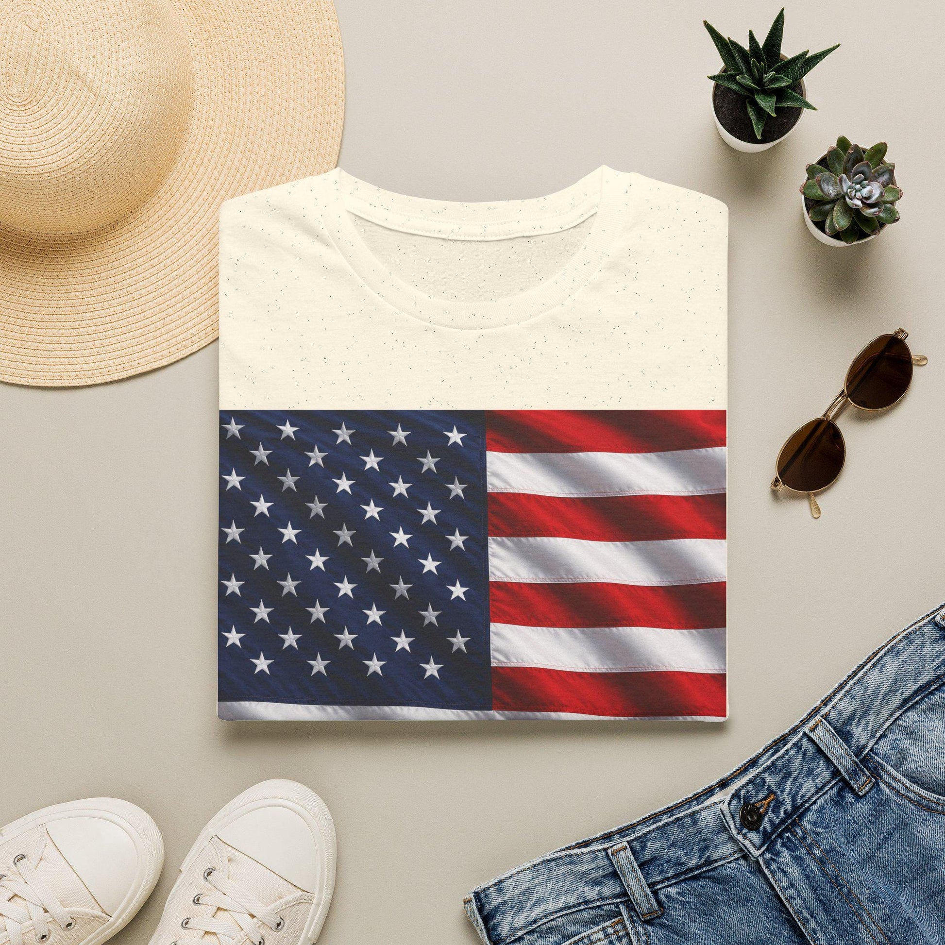 White T-shirt with American flag stars and stripes square graphic
