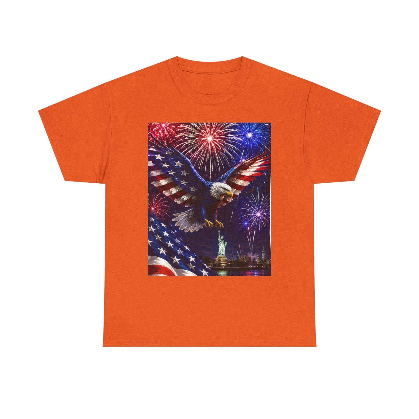 Orange crewneck T-shirt with eagle graphic, fireworks, and American flag design